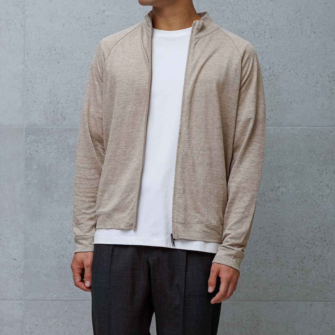 Linen Jersey Stand Collar Zip Up  Color: Natural