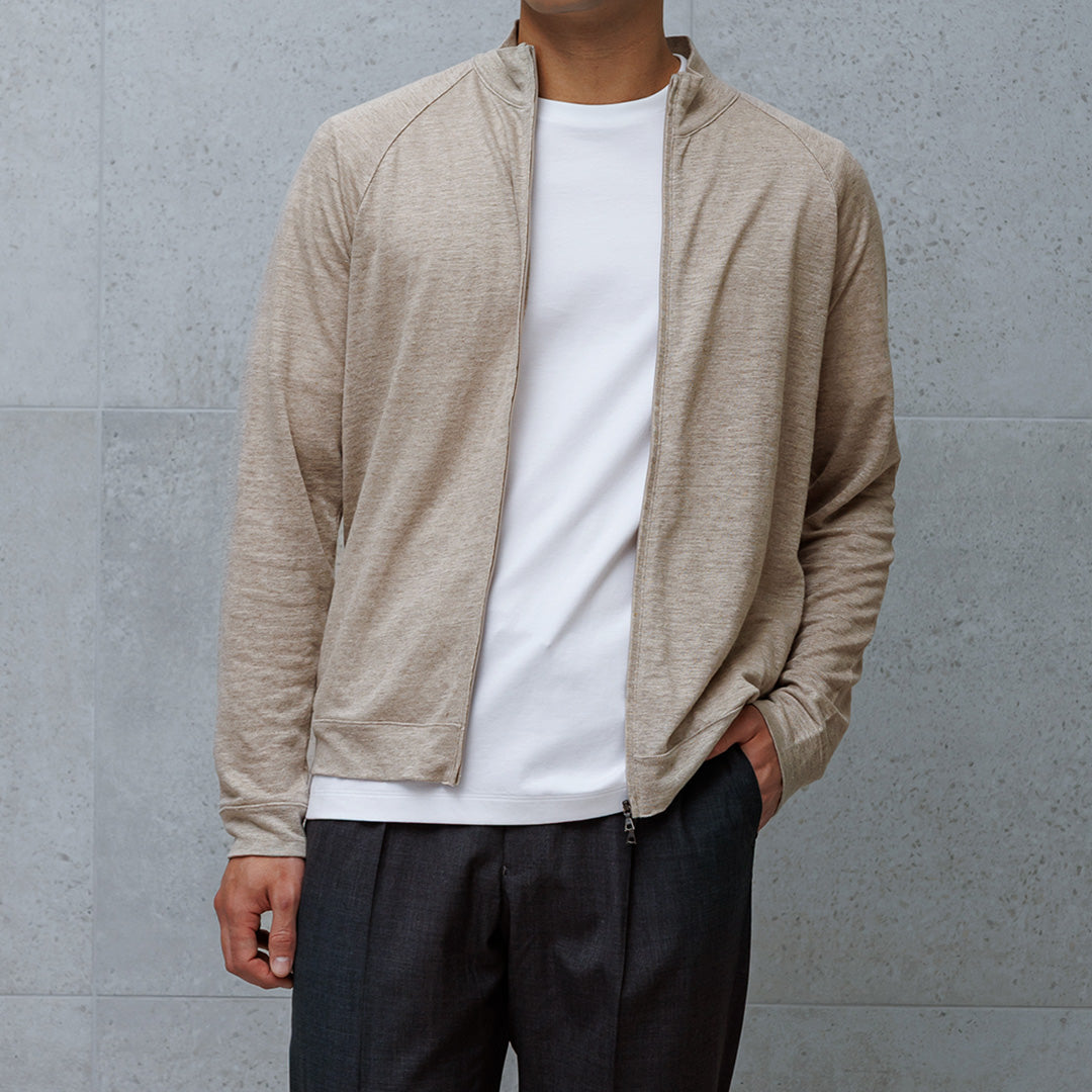 Linen Jersey Stand Collar Zip Up  Color: Natural