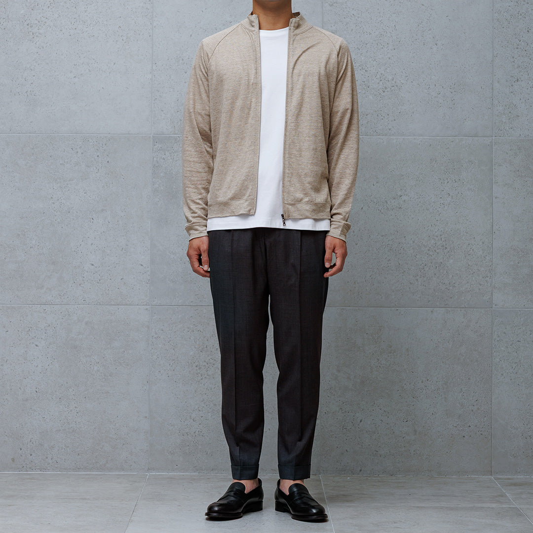 Linen Jersey Stand Collar Zip Up  Color: Natural