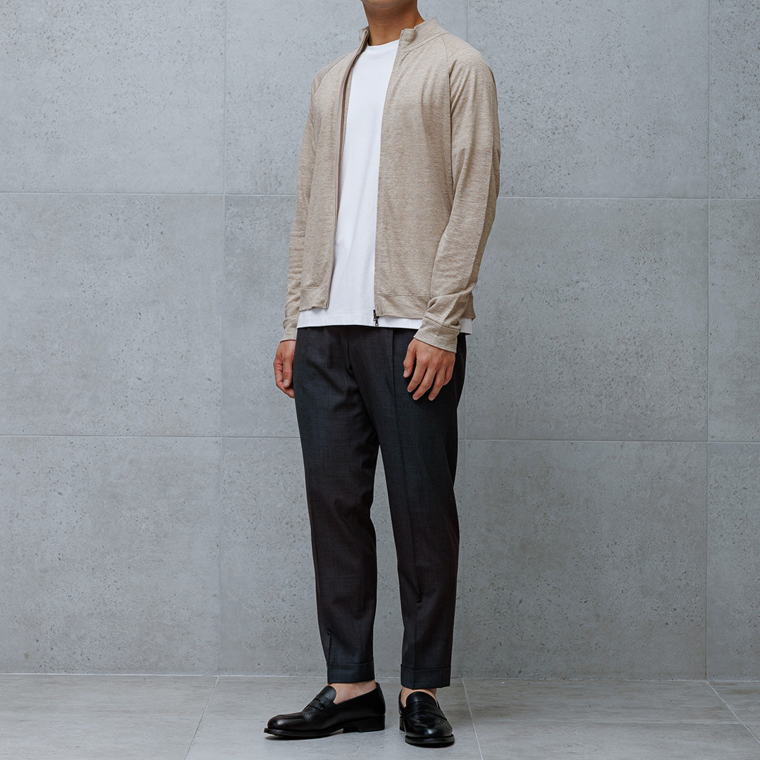 Linen Jersey Stand Collar Zip Up  Color: Natural