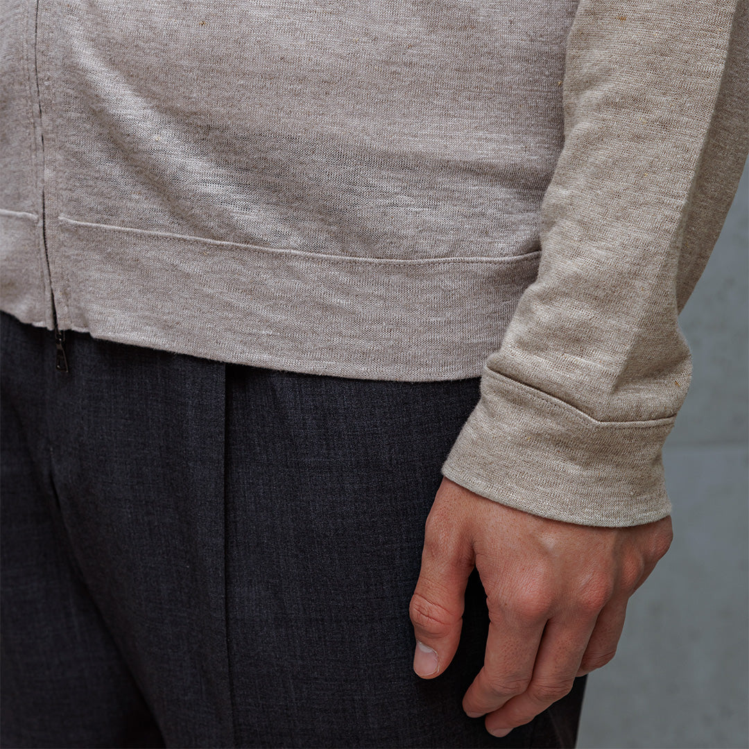 Linen Jersey Stand Collar Zip Up  Color: Natural