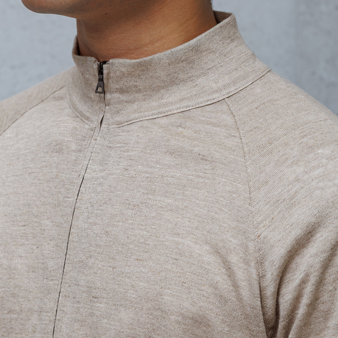Linen Jersey Stand Collar Zip Up  Color: Natural