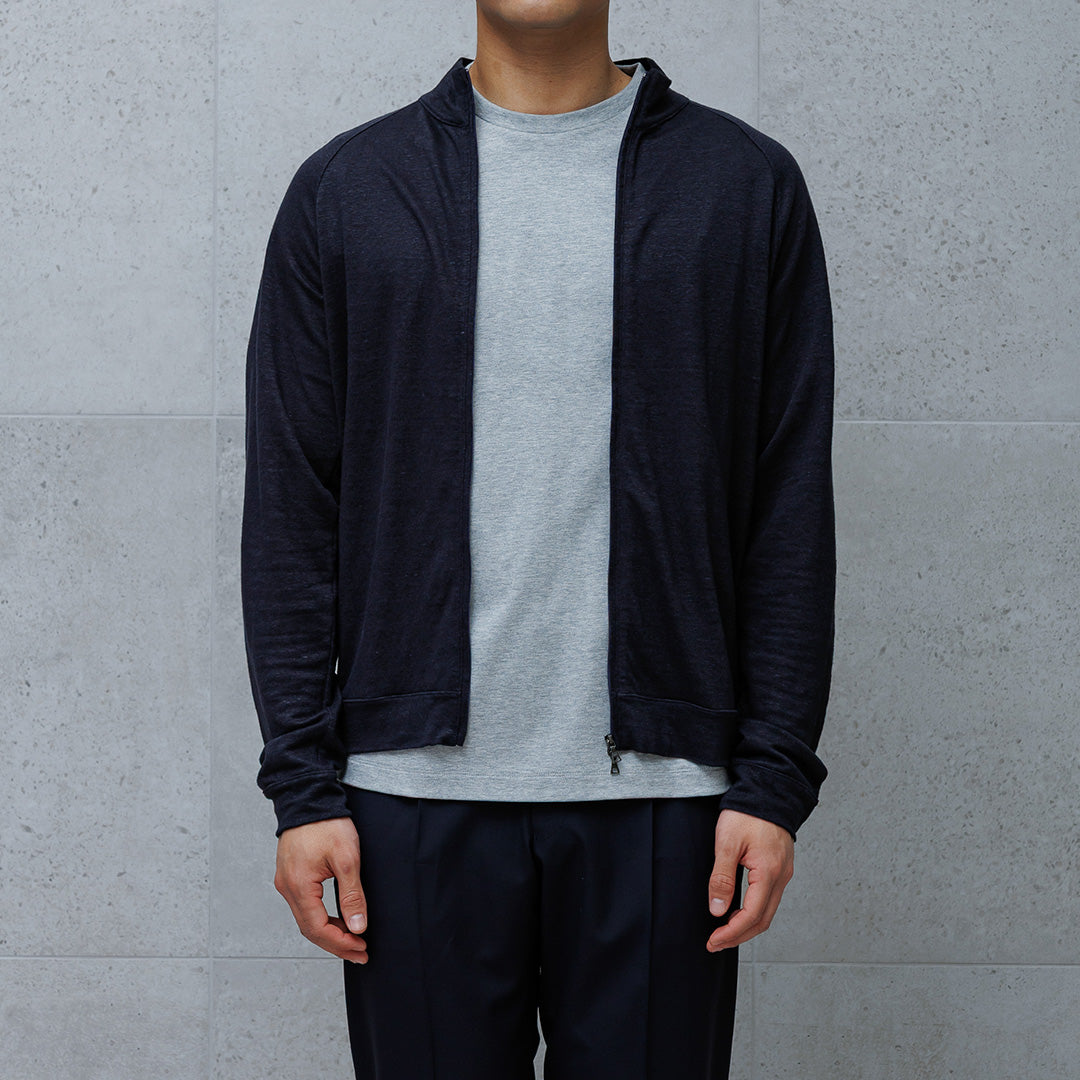 Linen Jersey Stand Collar Zip Up  Color: Navy