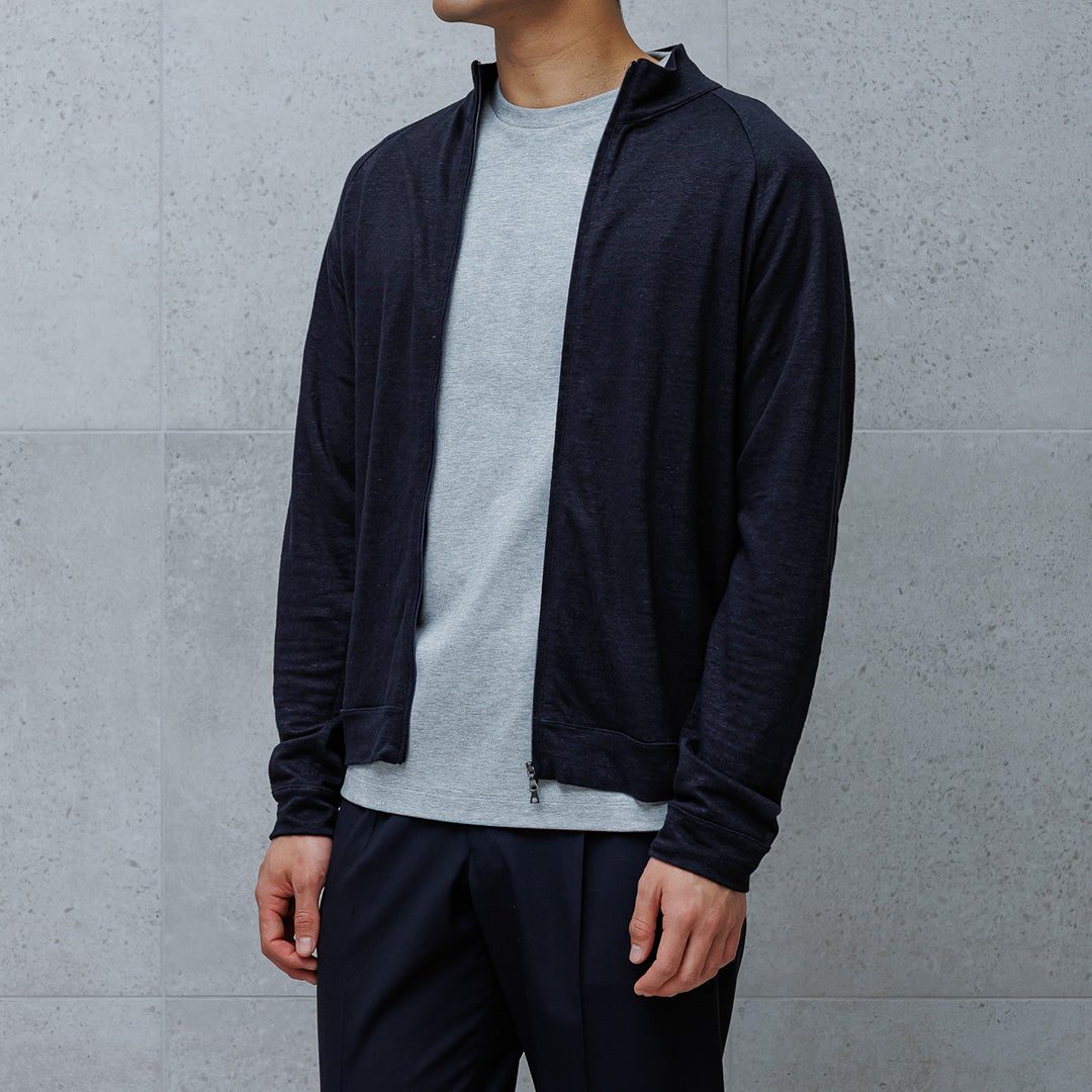 Linen Jersey Stand Collar Zip Up  Color: Navy