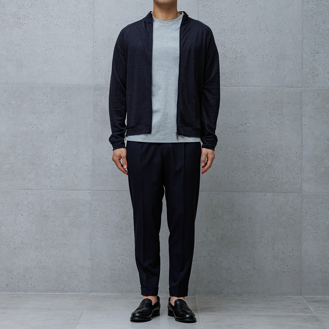 Linen Jersey Stand Collar Zip Up  Color: Navy