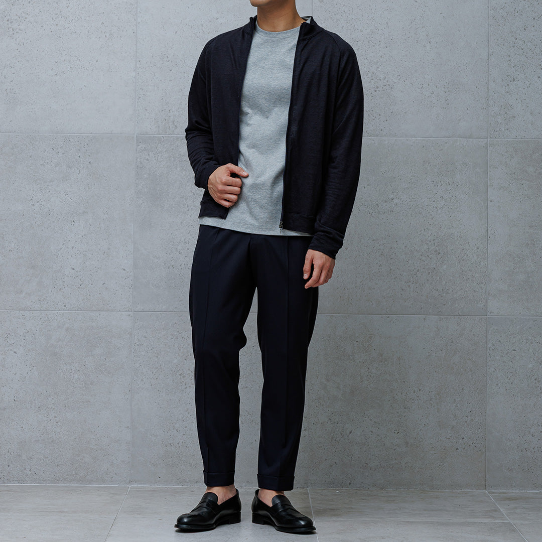 Linen Jersey Stand Collar Zip Up  Color: Navy
