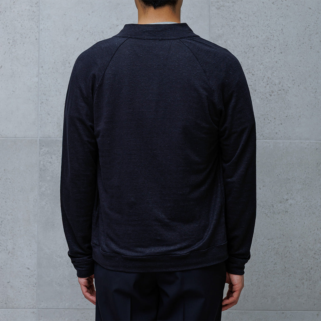 Linen Jersey Stand Collar Zip Up  Color: Navy