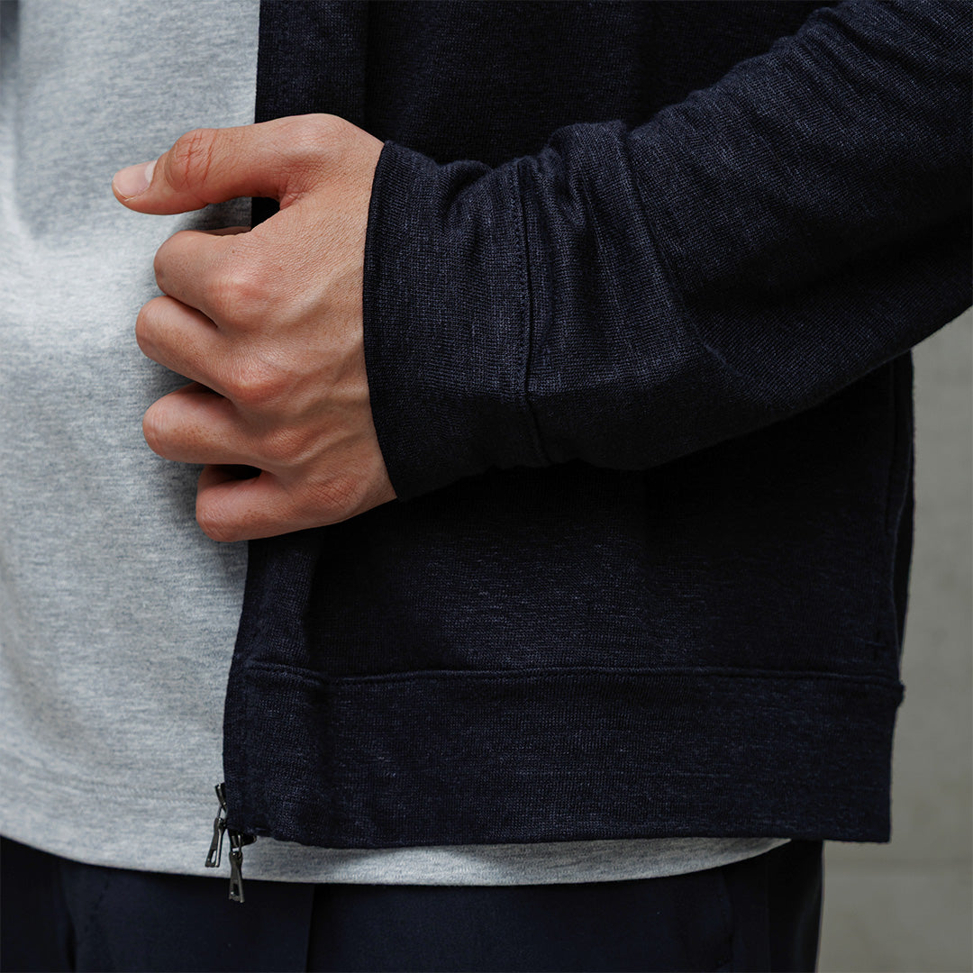 Linen Jersey Stand Collar Zip Up  Color: Navy