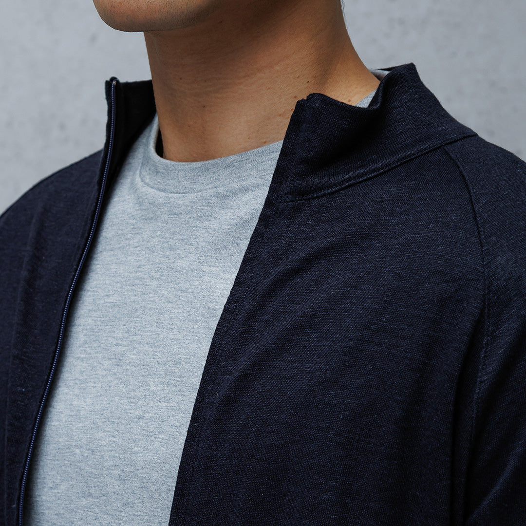 Linen Jersey Stand Collar Zip Up  Color: Navy