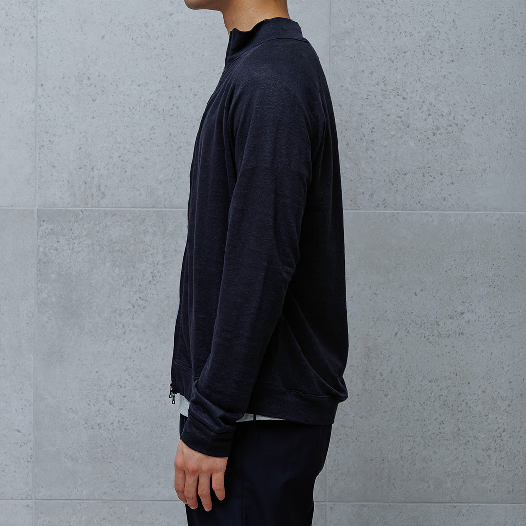 Linen Jersey Stand Collar Zip Up  Color: Navy