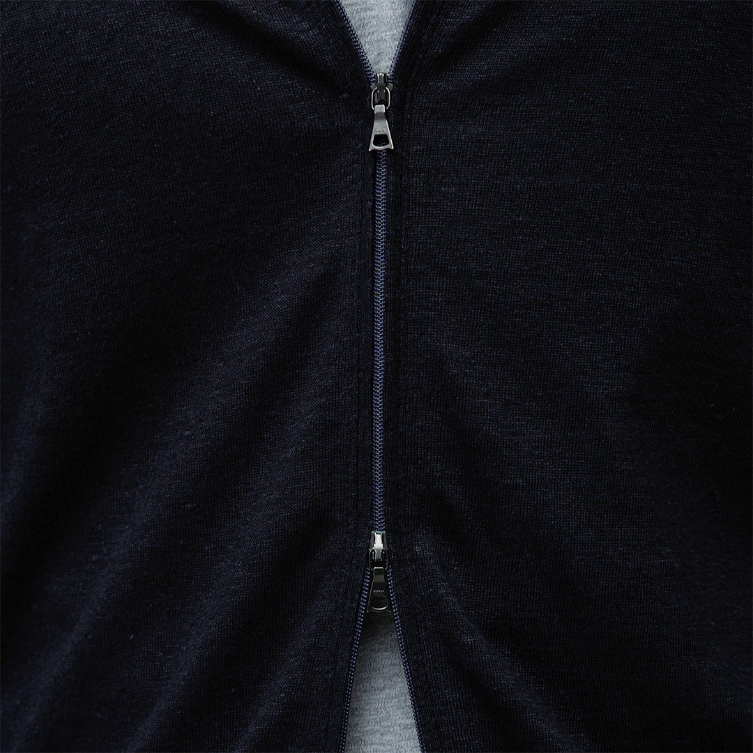 Linen Jersey Stand Collar Zip Up  Color: Navy