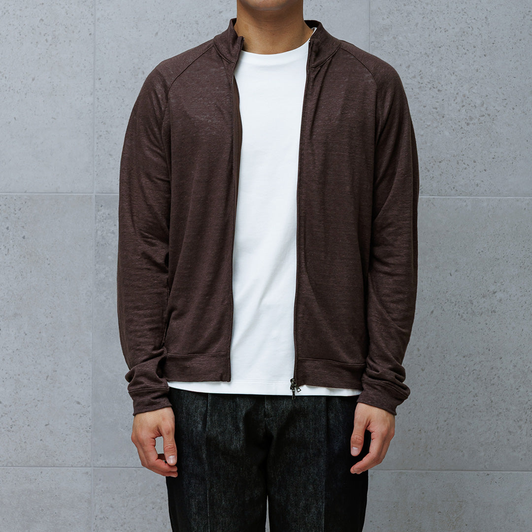 Linen Jersey Stand Collar Zip Up  Color: Oak