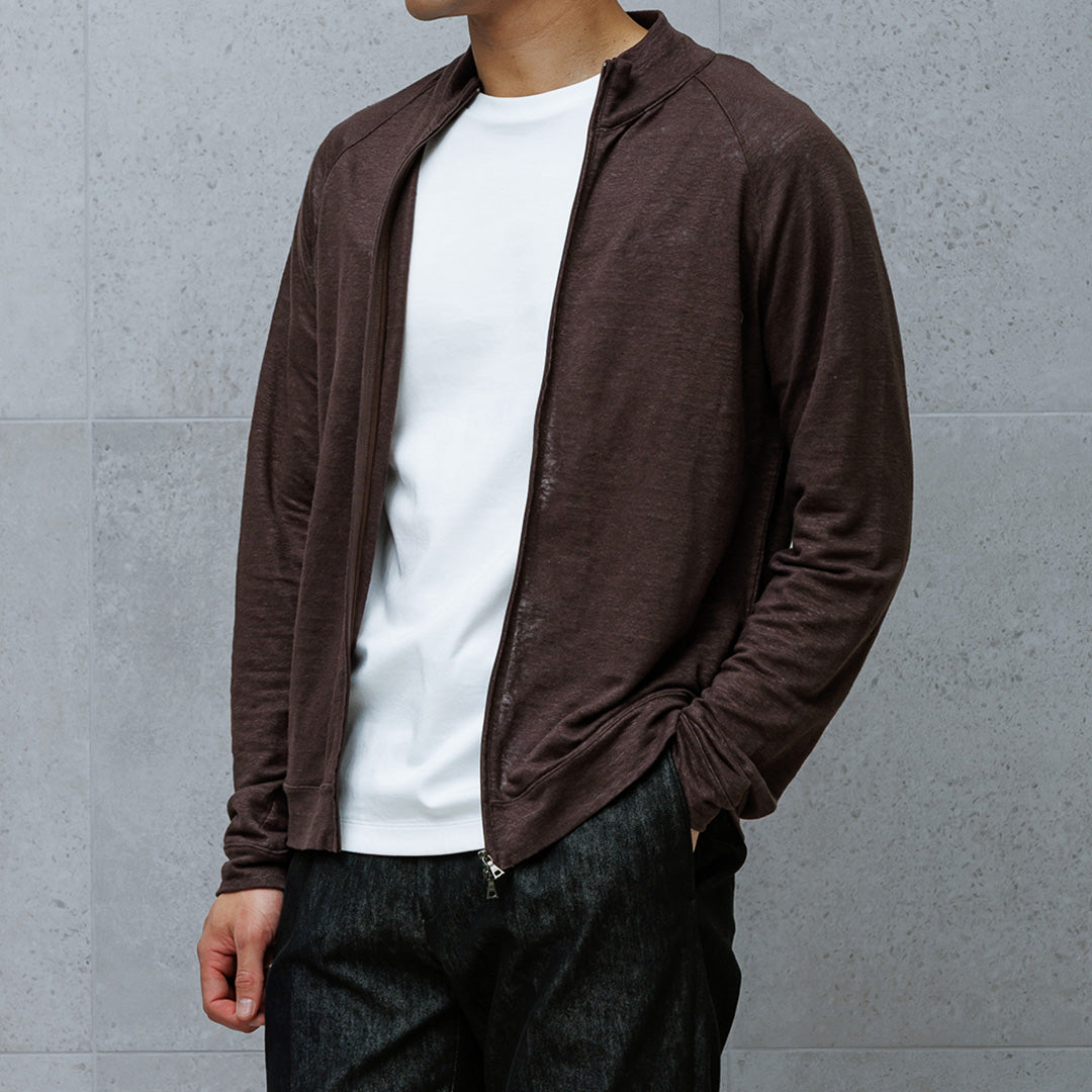 Linen Jersey Stand Collar Zip Up  Color: Oak
