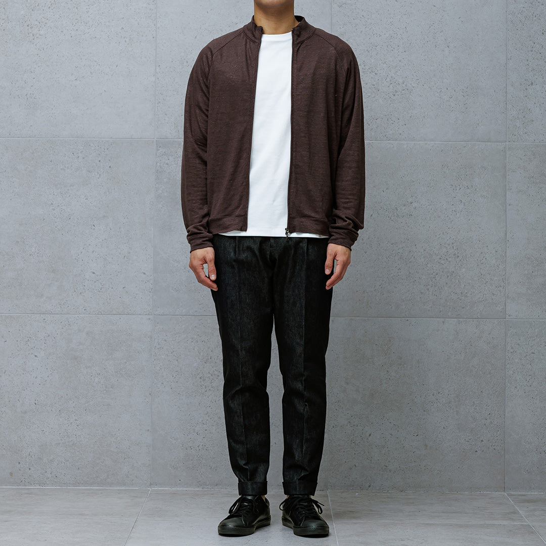 Linen Jersey Stand Collar Zip Up  Color: Oak