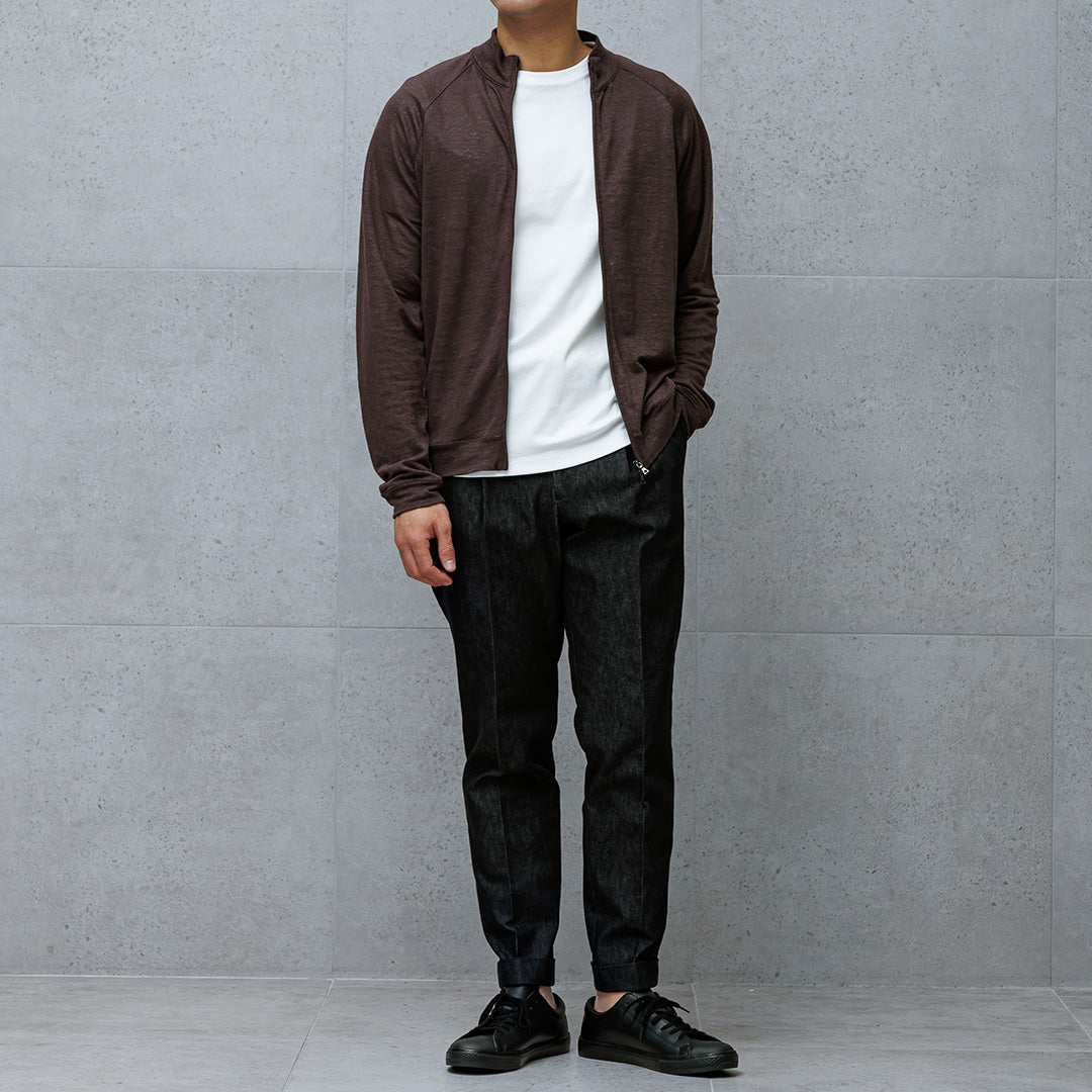 Linen Jersey Stand Collar Zip Up  Color: Oak