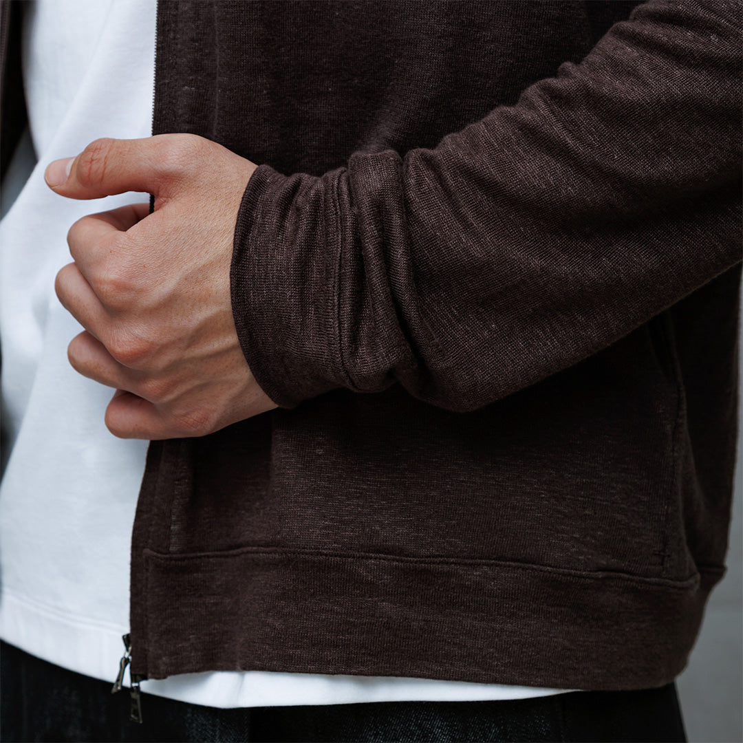 Linen Jersey Stand Collar Zip Up  Color: Oak