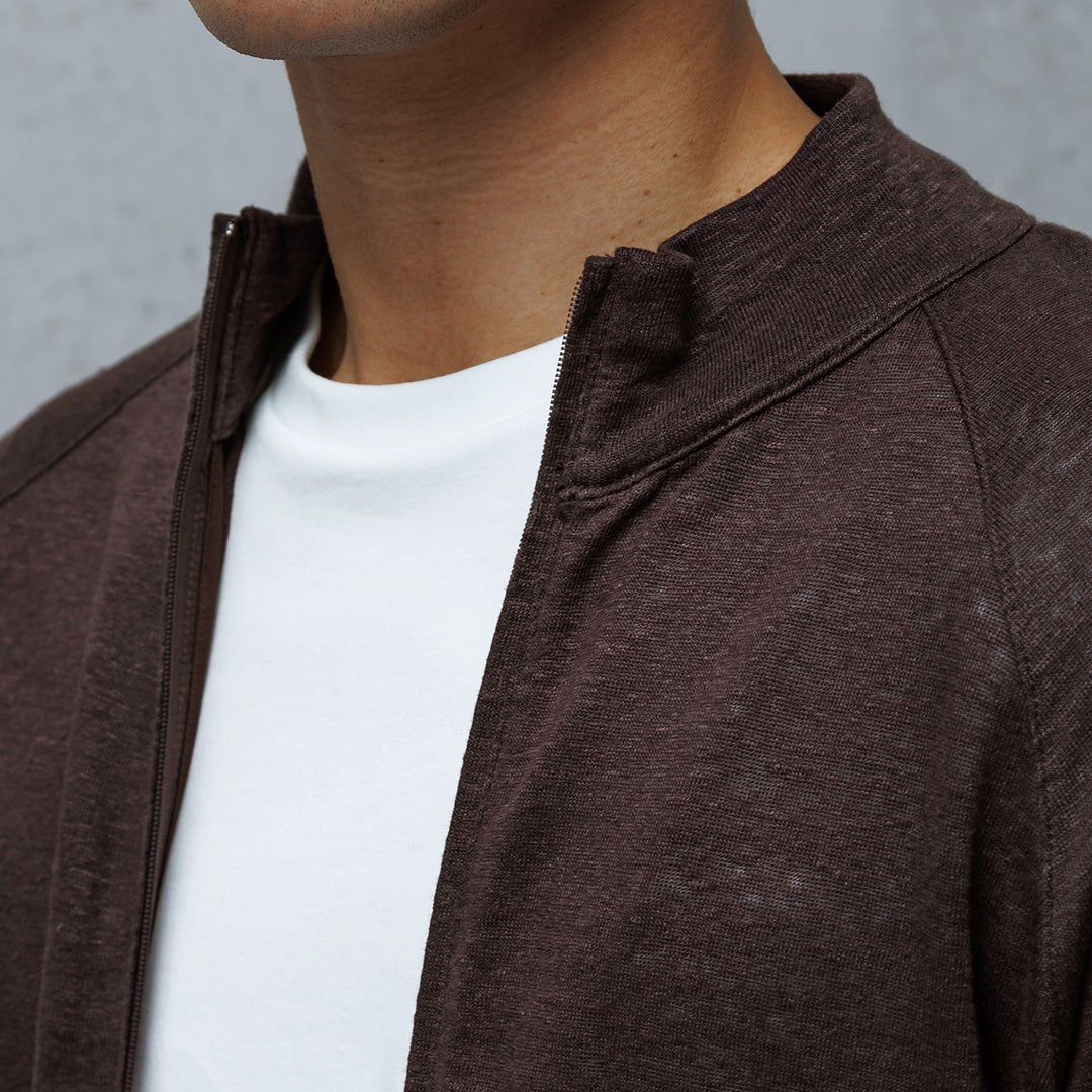 Linen Jersey Stand Collar Zip Up  Color: Oak