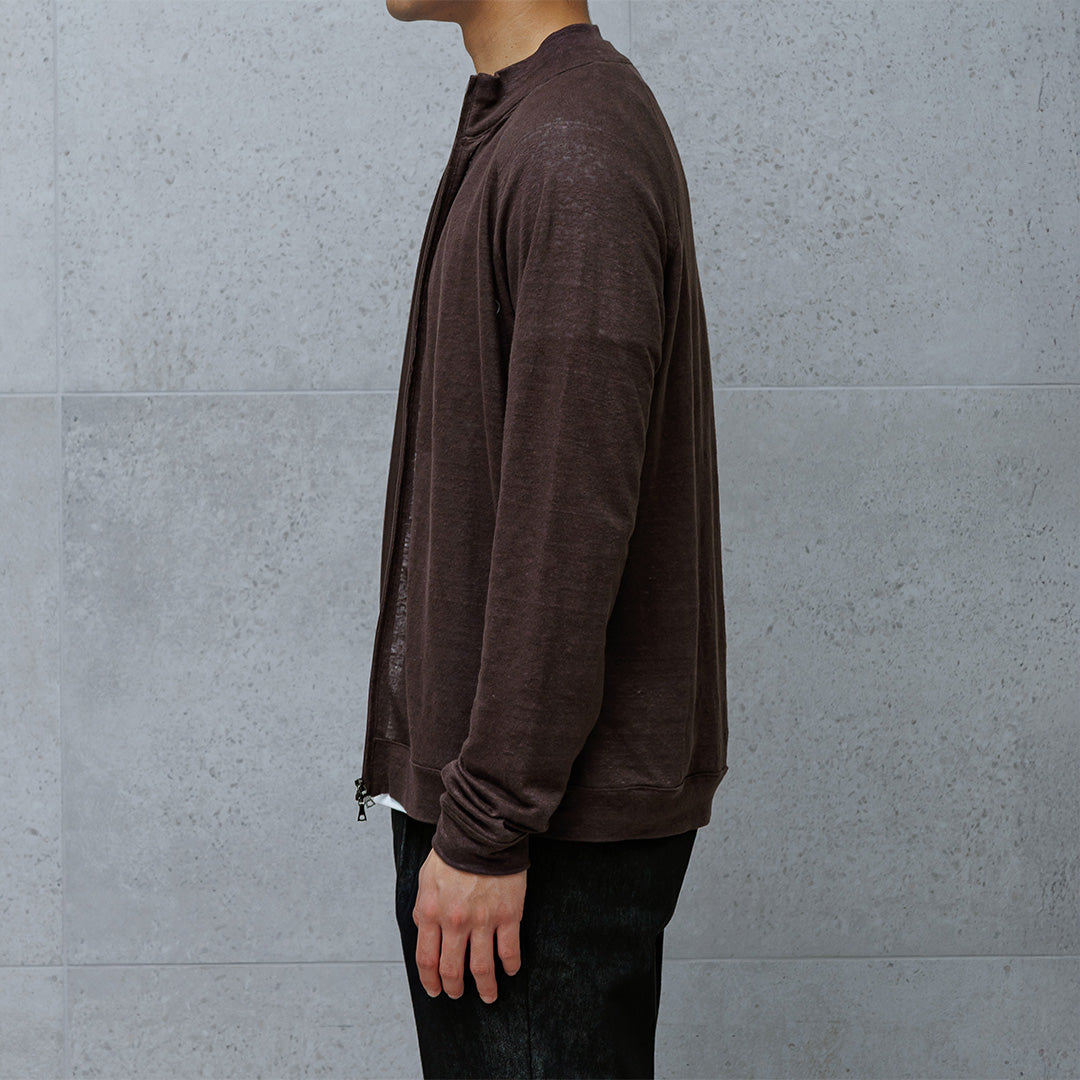 Linen Jersey Stand Collar Zip Up  Color: Oak