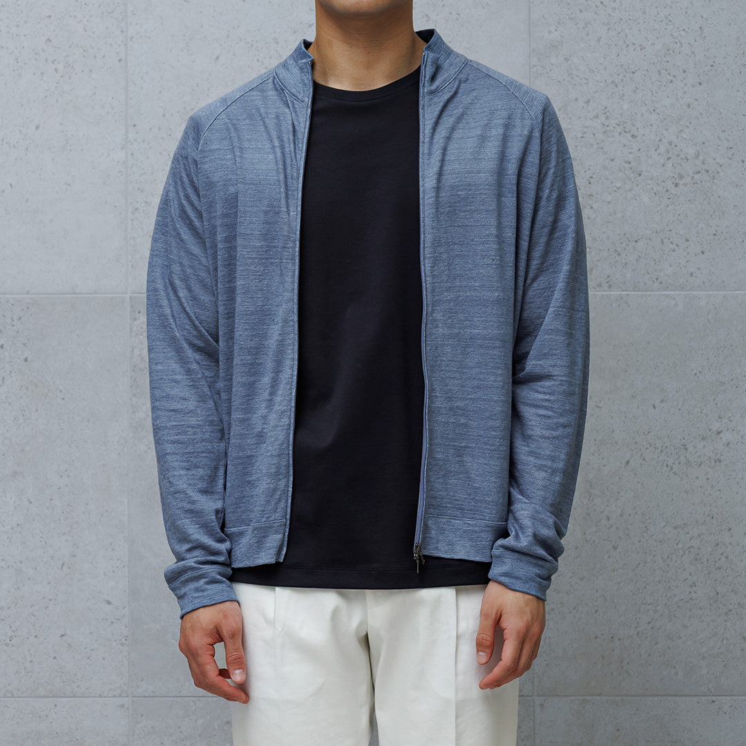 Linen Jersey Stand Collar Zip Up  Color: Slate Blue