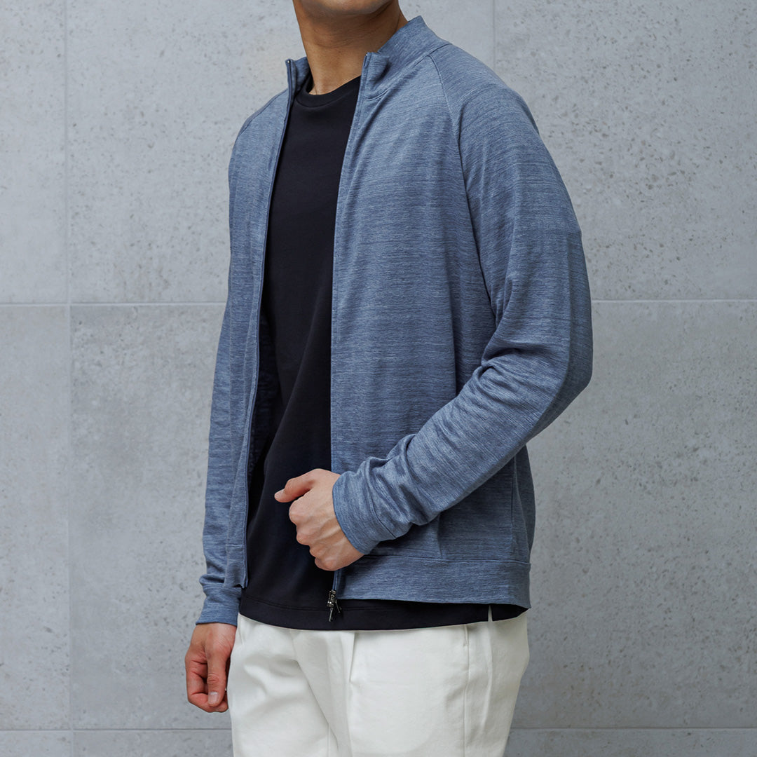 Linen Jersey Stand Collar Zip Up  Color: Slate Blue