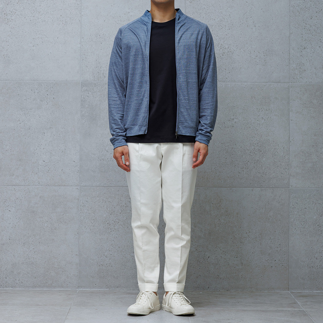 Linen Jersey Stand Collar Zip Up  Color: Slate Blue
