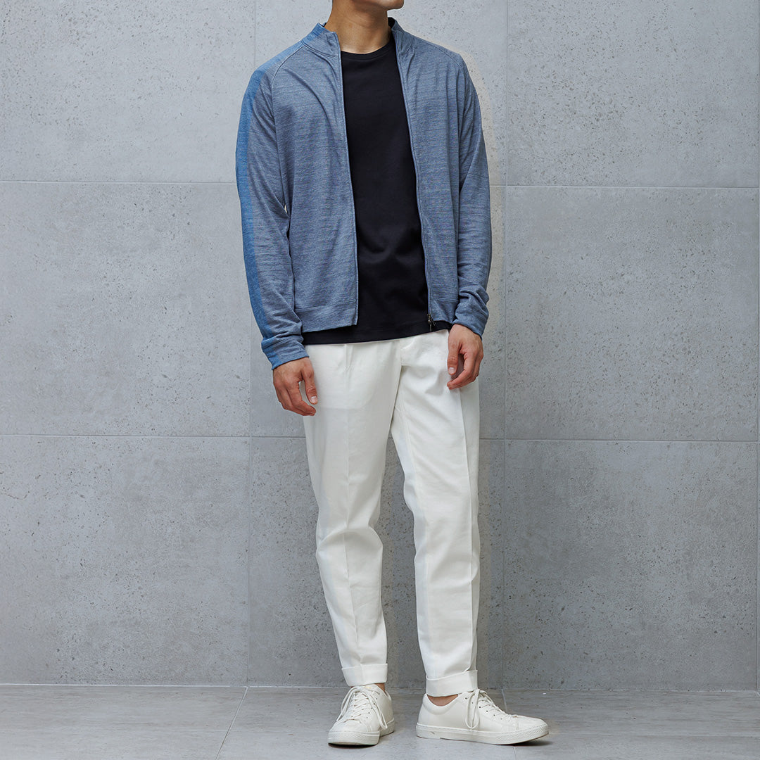 Linen Jersey Stand Collar Zip Up  Color: Slate Blue