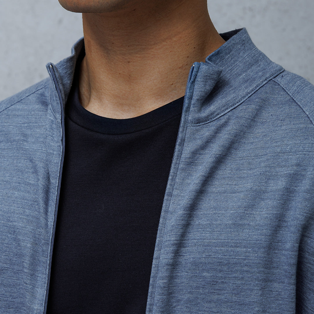 Linen Jersey Stand Collar Zip Up  Color: Slate Blue