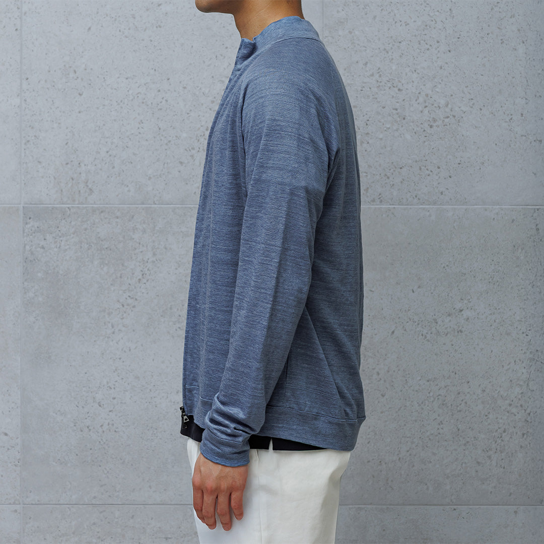 Linen Jersey Stand Collar Zip Up  Color: Slate Blue