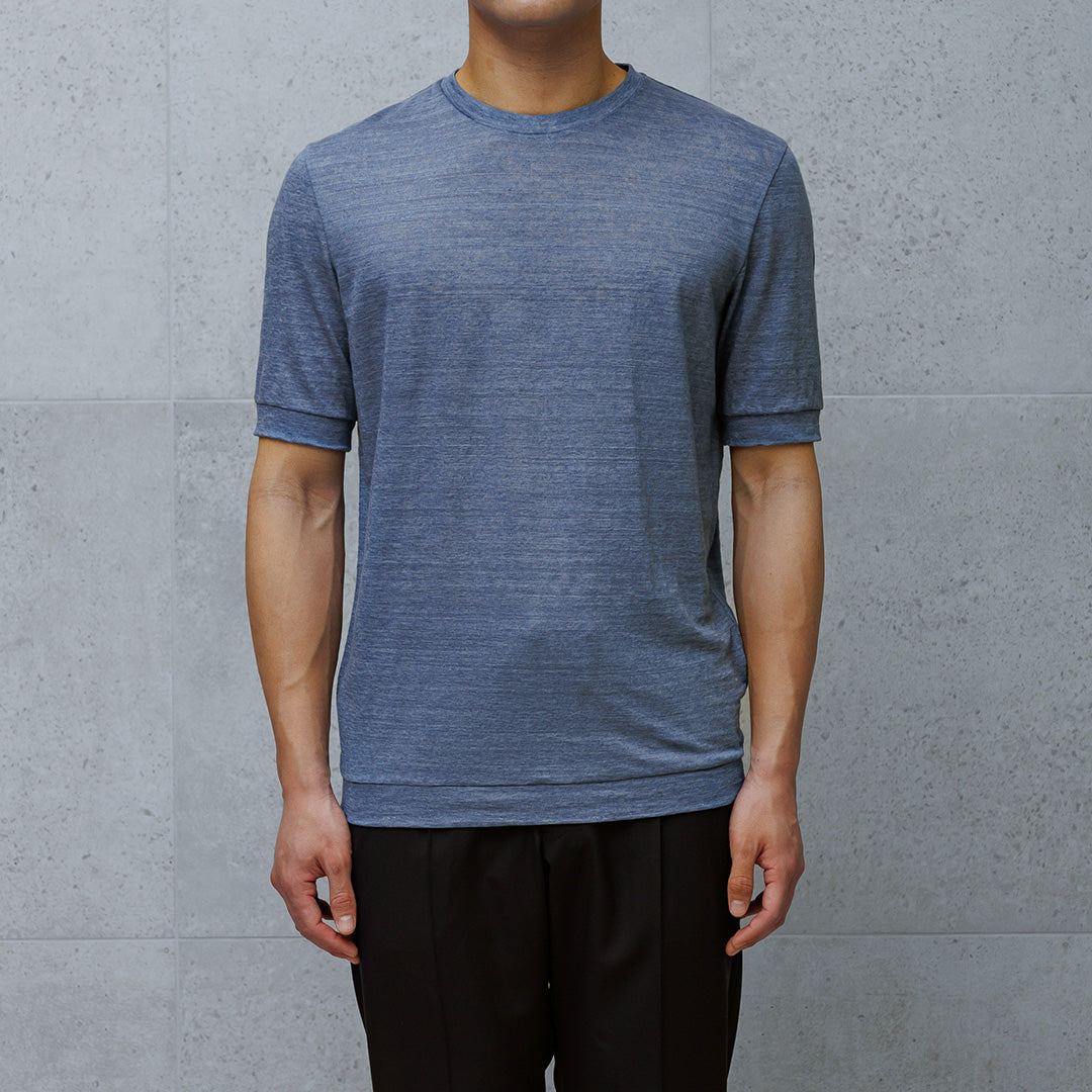 Linen Jersey Tailored Ribbed Hem T-shirt Color: Slate Blue