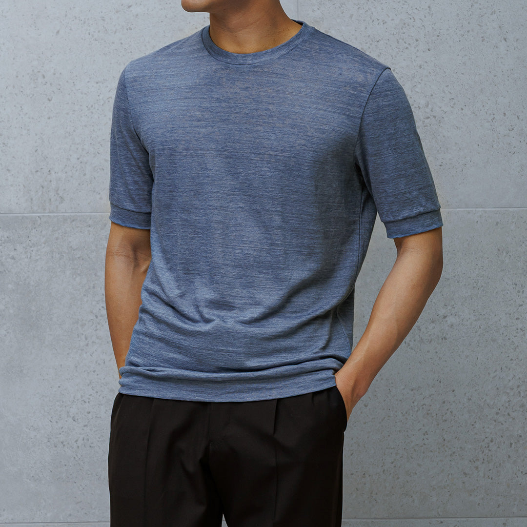 Linen Jersey Tailored Ribbed Hem T-shirt Color: Slate Blue