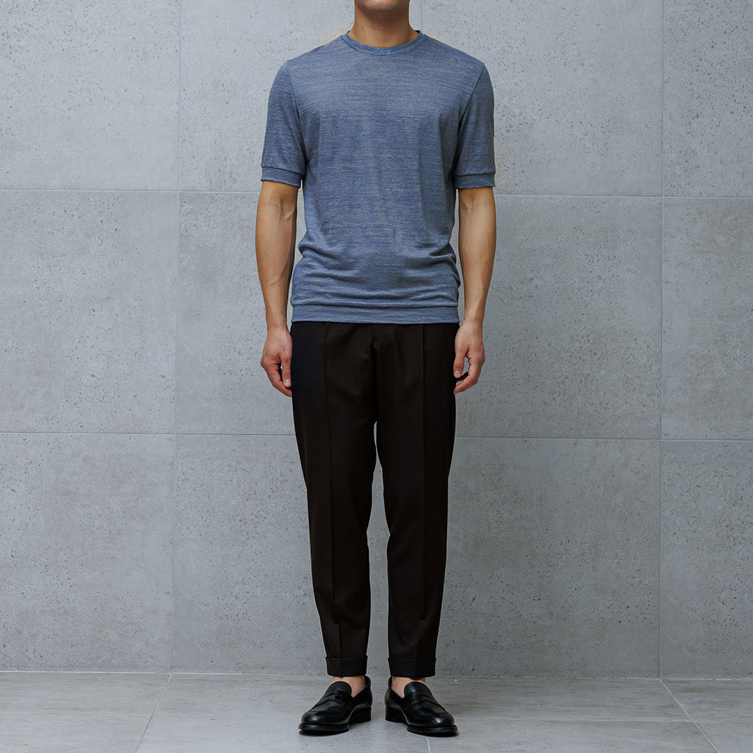 Linen Jersey Tailored Ribbed Hem T-shirt Color: Slate Blue