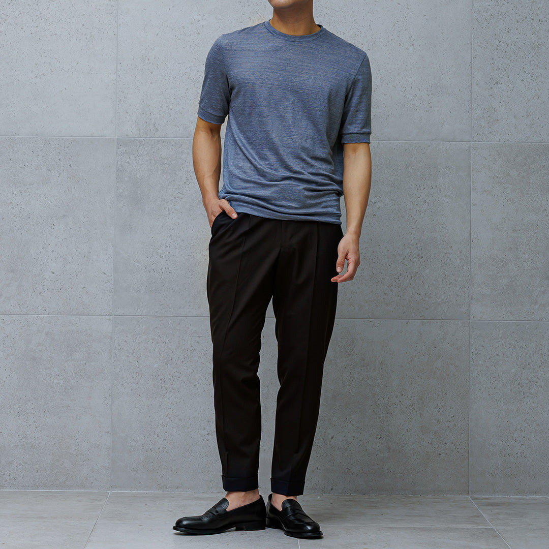 Linen Jersey Tailored Ribbed Hem T-shirt Color: Slate Blue