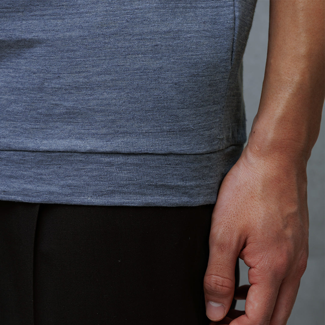 Linen Jersey Tailored Ribbed Hem T-shirt Color: Slate Blue