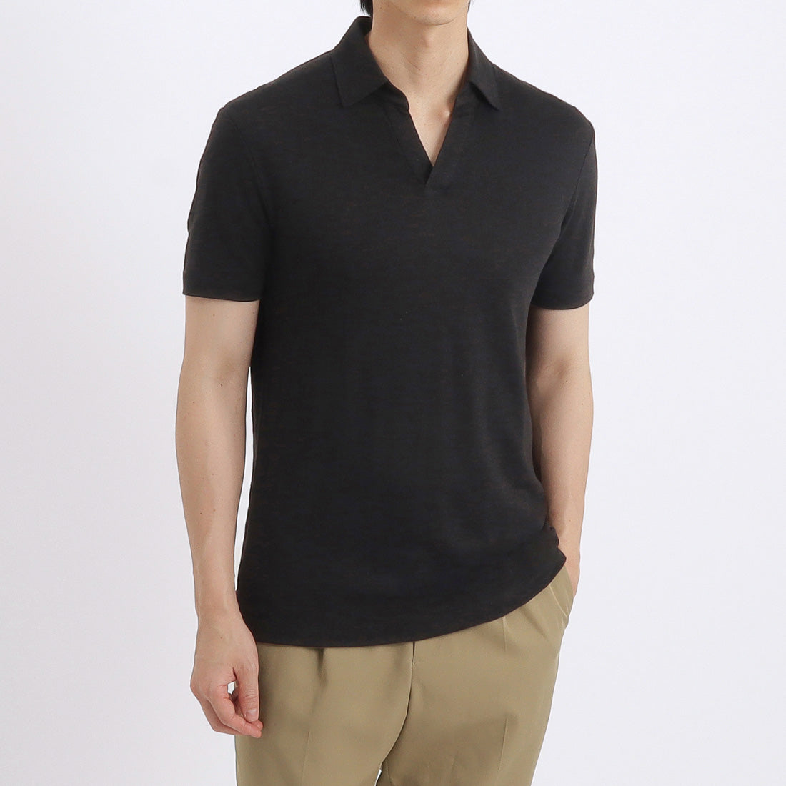 Linen Jersey Tailored Skipper Shirt Color: Black