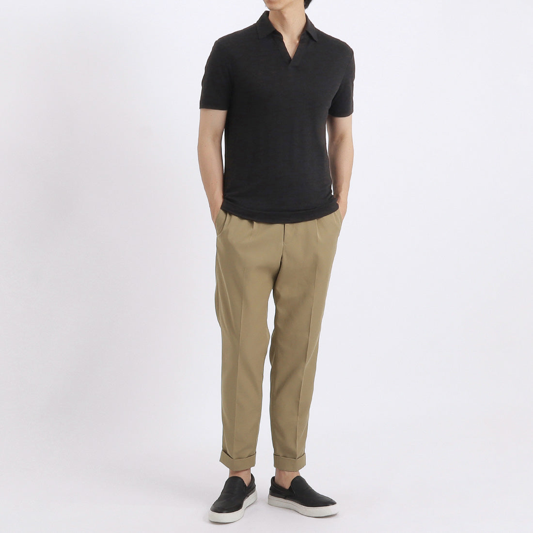 Linen Jersey Tailored Skipper Shirt Color: Black