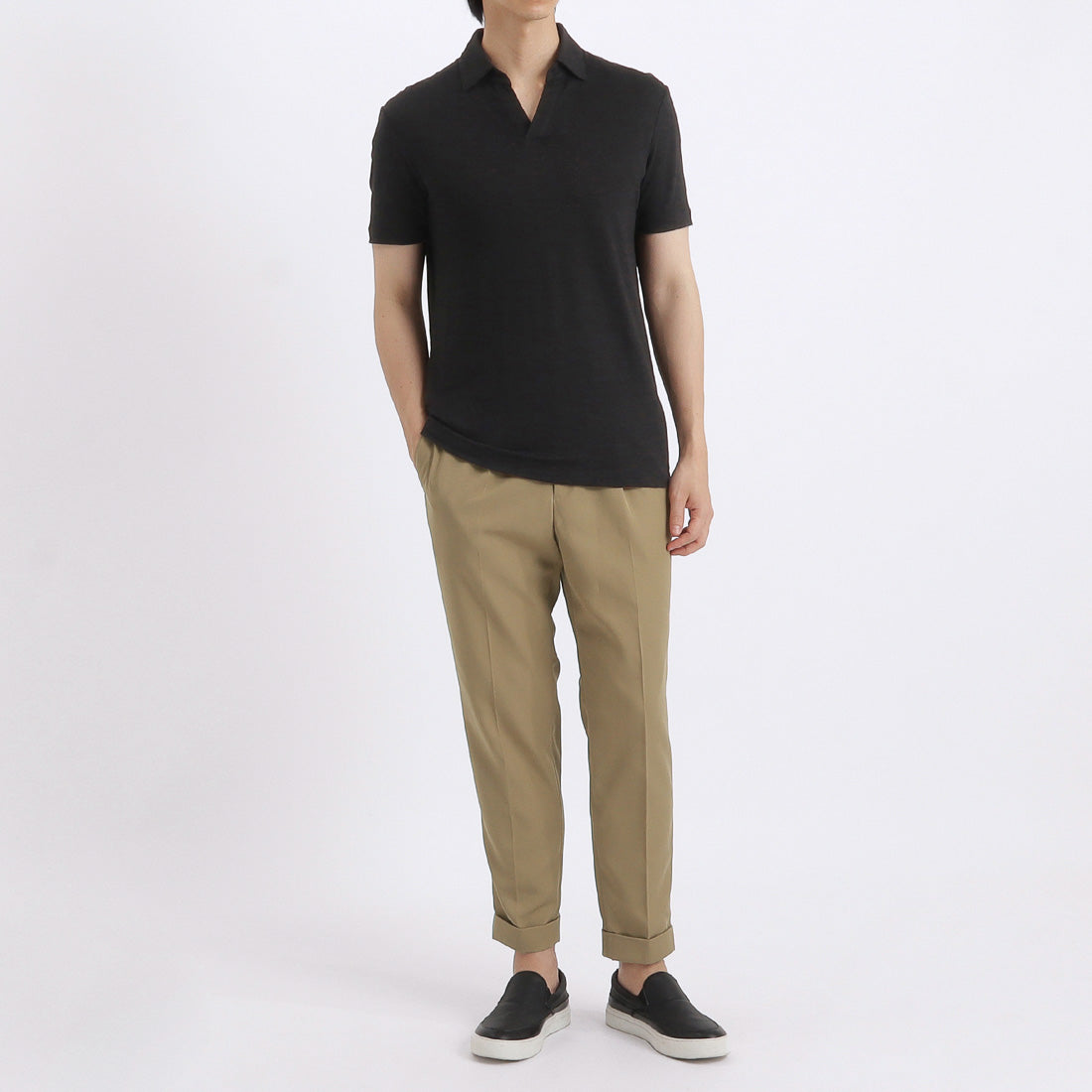 Linen Jersey Tailored Skipper Shirt Color: Black