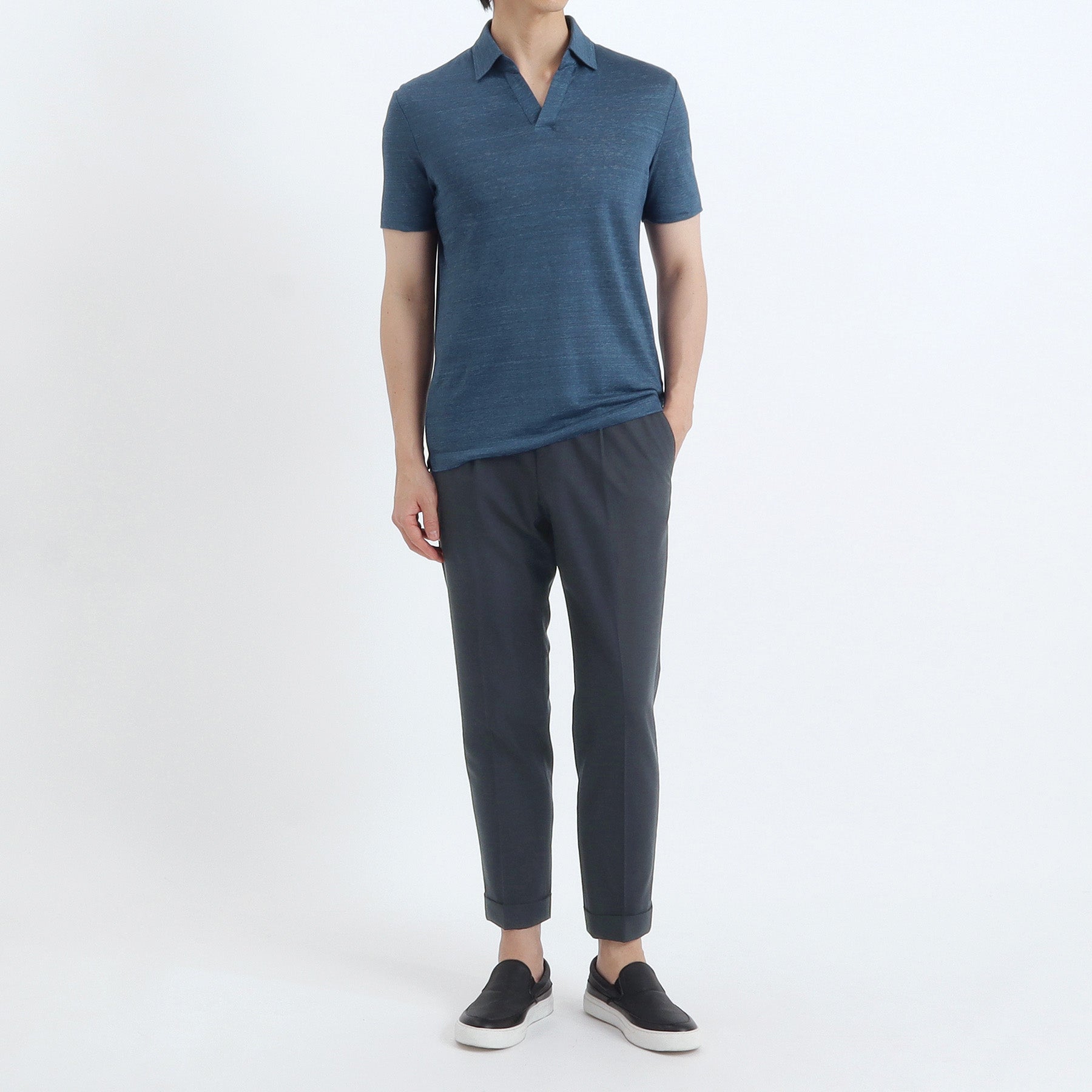 Linen Jersey Tailored Skipper Shirt Color: Blue