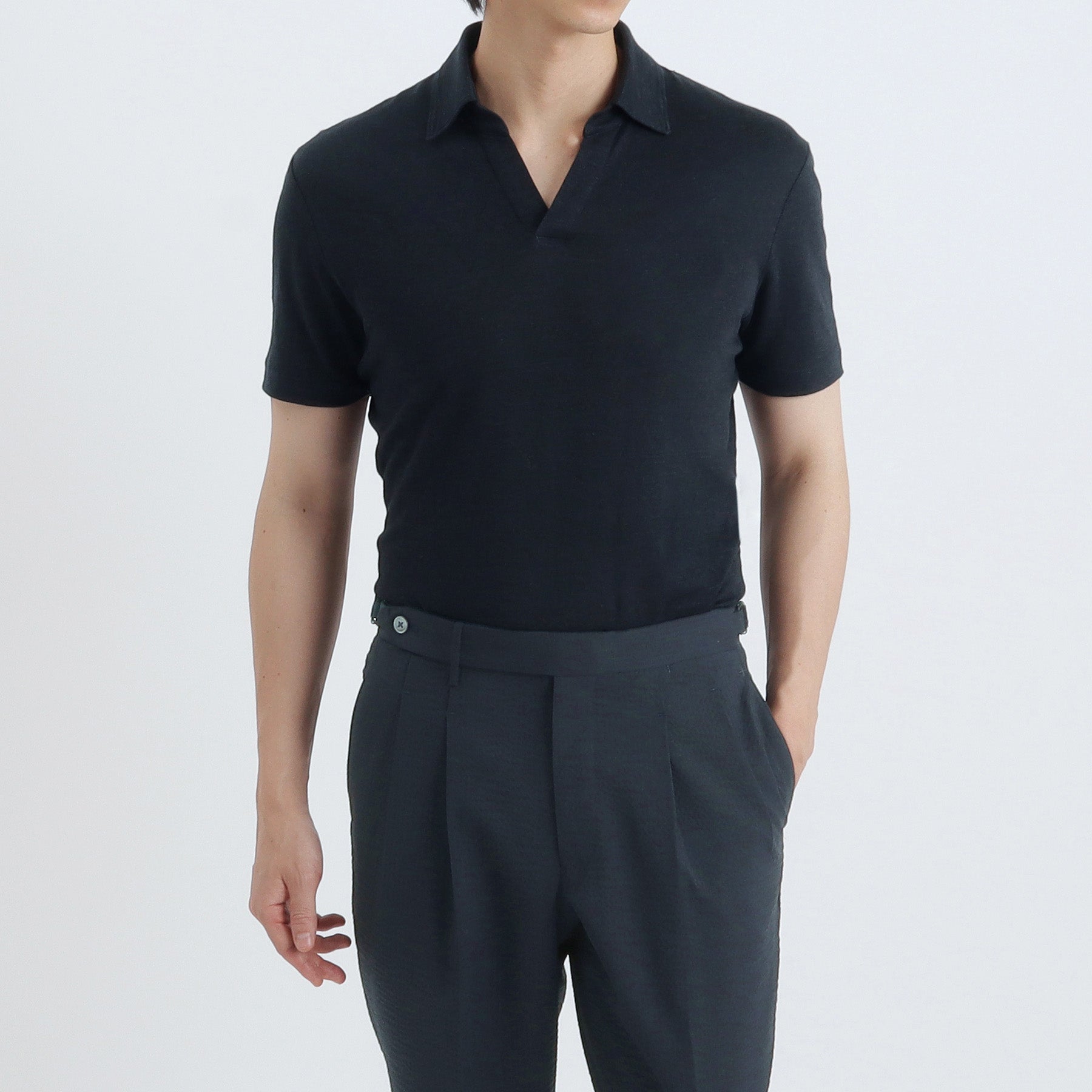 Linen Jersey Tailored Skipper Shirt Color: Navy