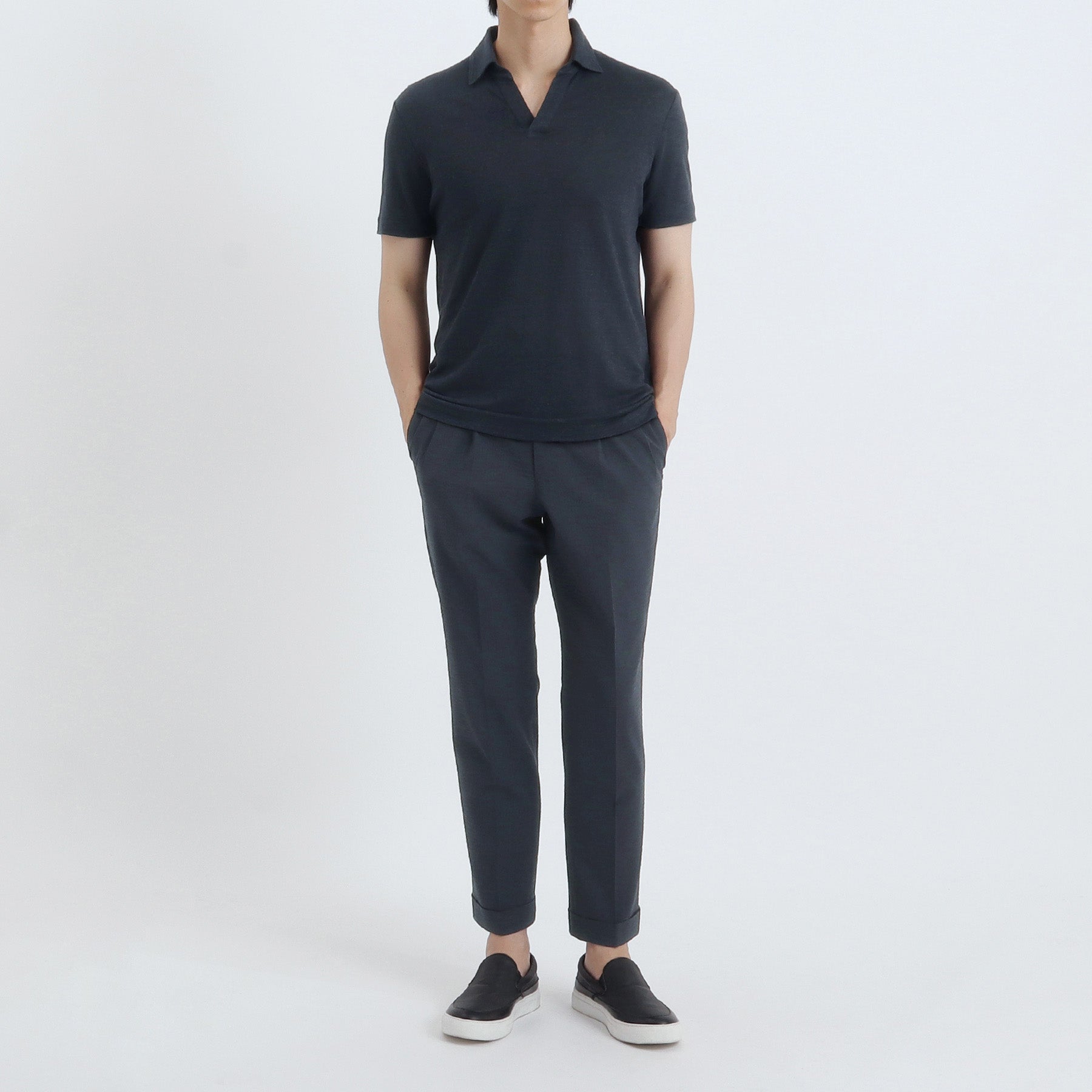 Linen Jersey Tailored Skipper Shirt Color: Navy