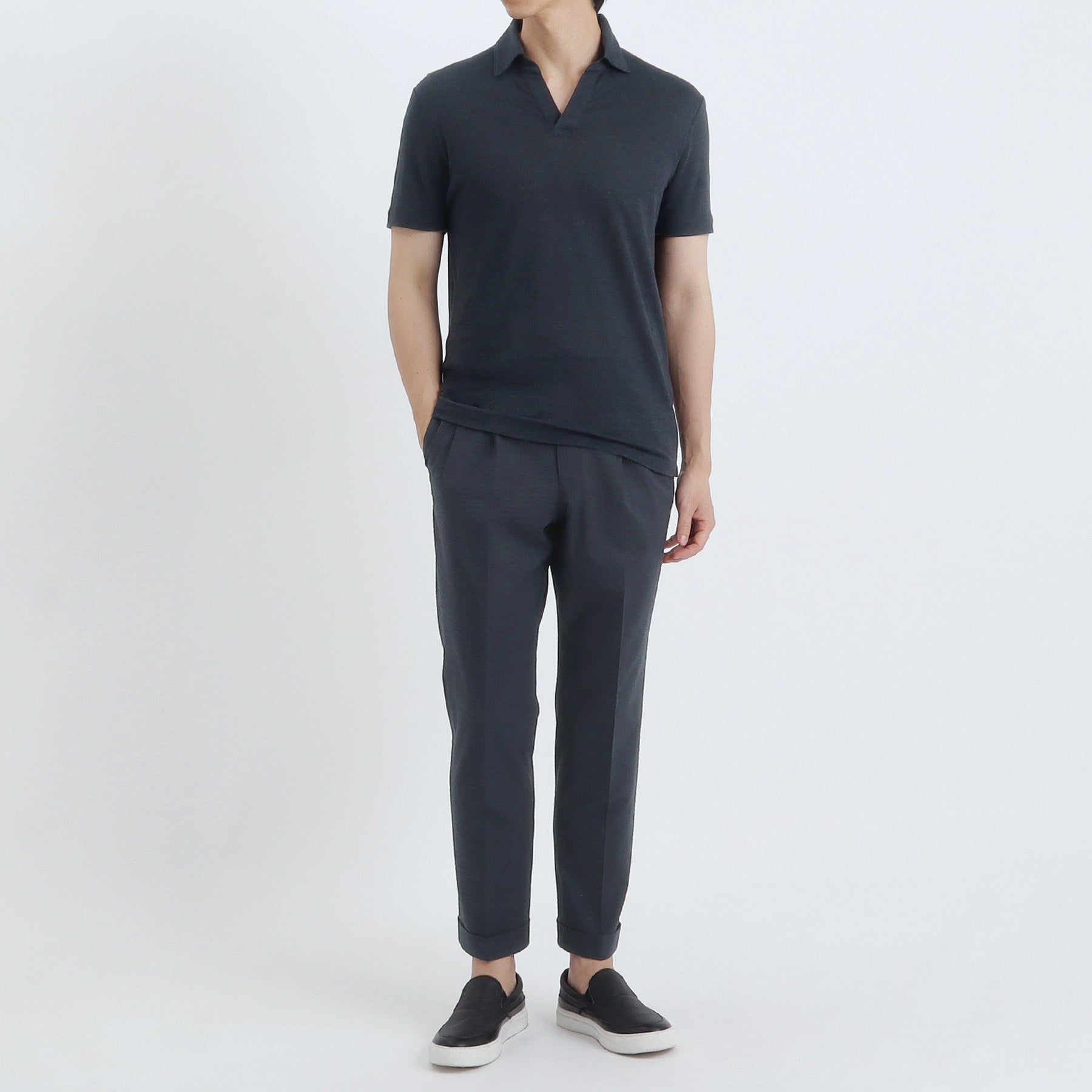 Linen Jersey Tailored Skipper Shirt Color: Navy