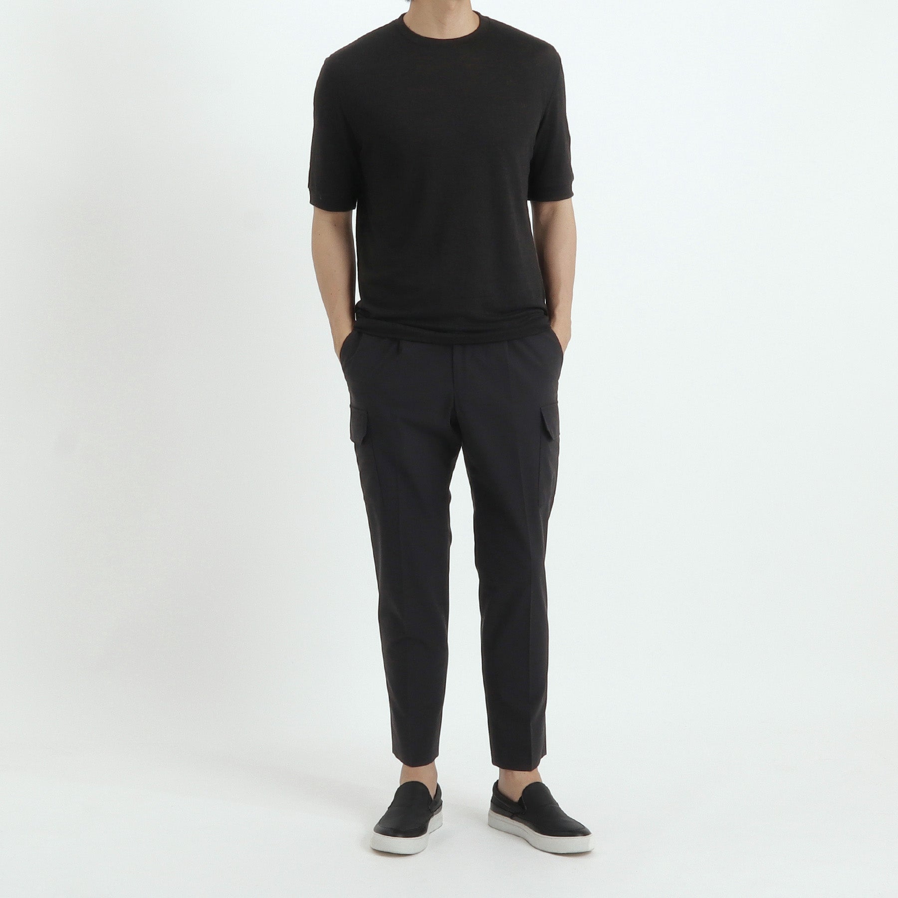 Linen Jersey Tailored Ribbed Hem T-shirt Color: Black
