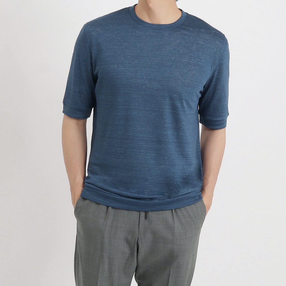 Linen Jersey Tailored Ribbed Hem T-shirt Color: Blue