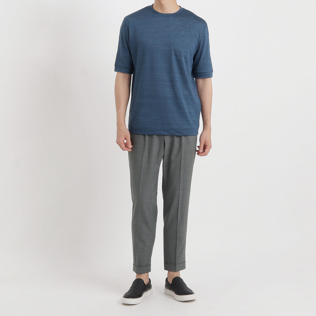 Linen Jersey Tailored Ribbed Hem T-shirt Color: Blue