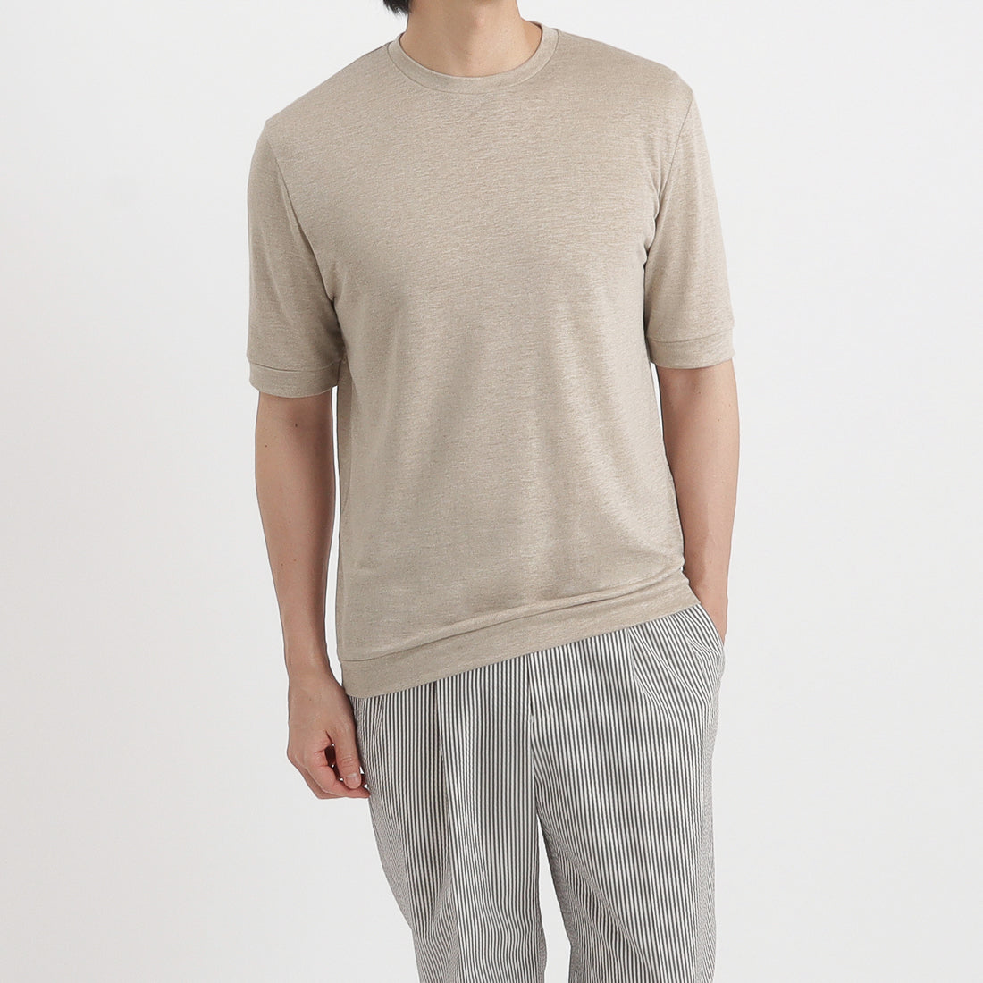 Linen Jersey Tailored Ribbed Hem T-shirt Color: Natural