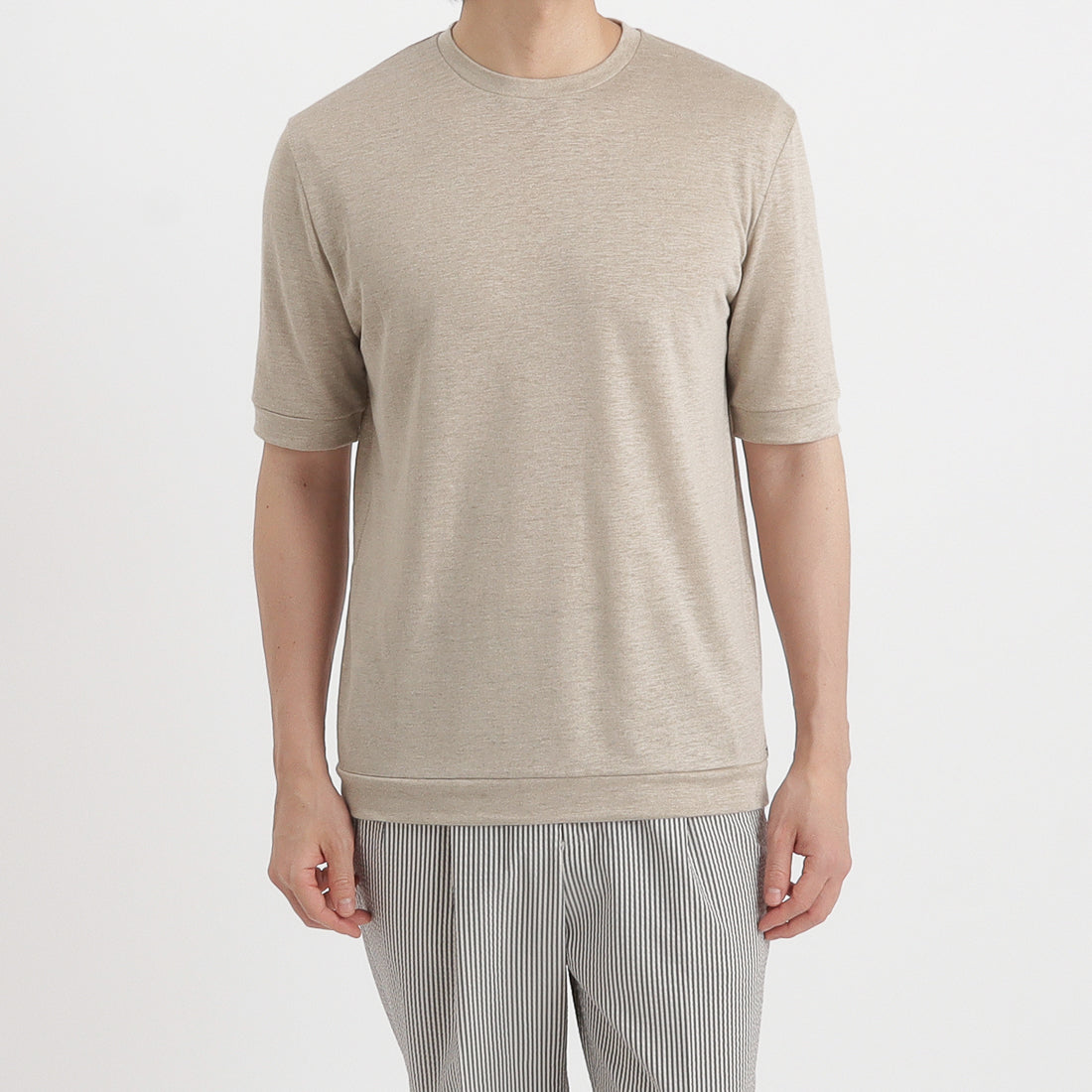 Linen Jersey Tailored Ribbed Hem T-shirt Color: Natural