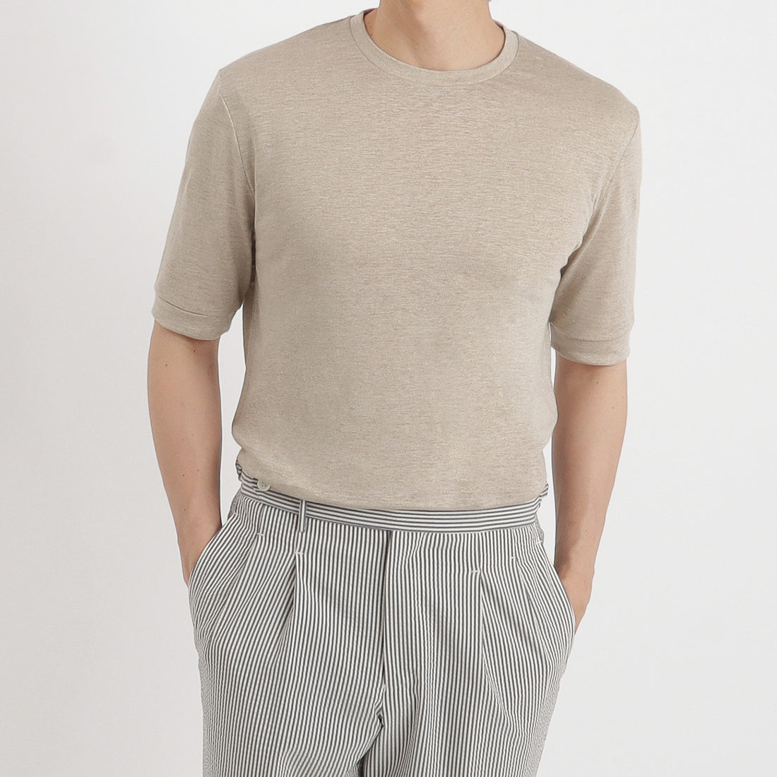 Linen Jersey Tailored Ribbed Hem T-shirt Color: Natural