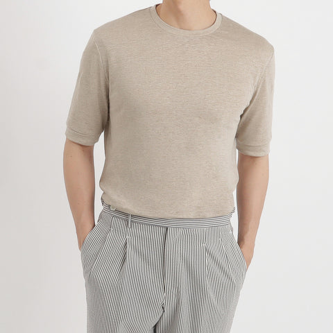 Linen Jersey Tailored Ribbed Hem T-shirt Color: Natural