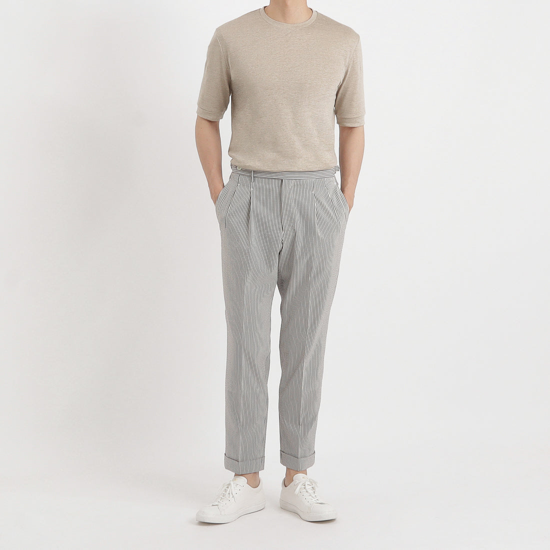 Linen Jersey Tailored Ribbed Hem T-shirt Color: Natural