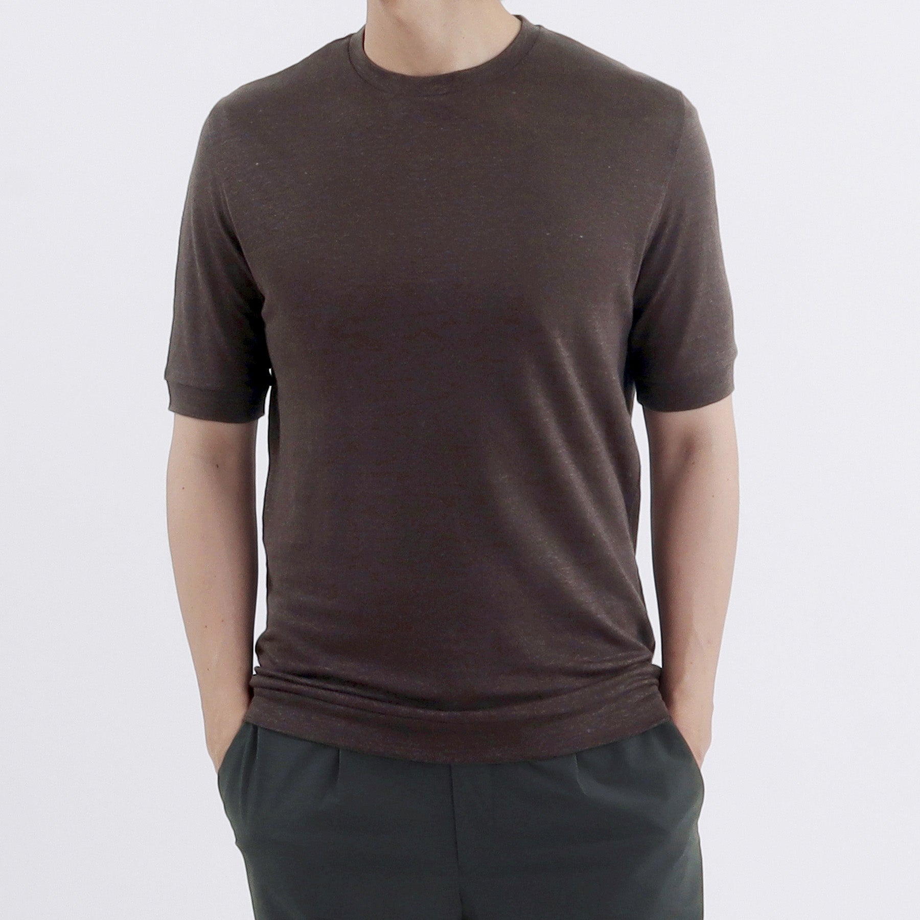 Linen Jersey Tailored Ribbed Hem T-shirt Color: Oak