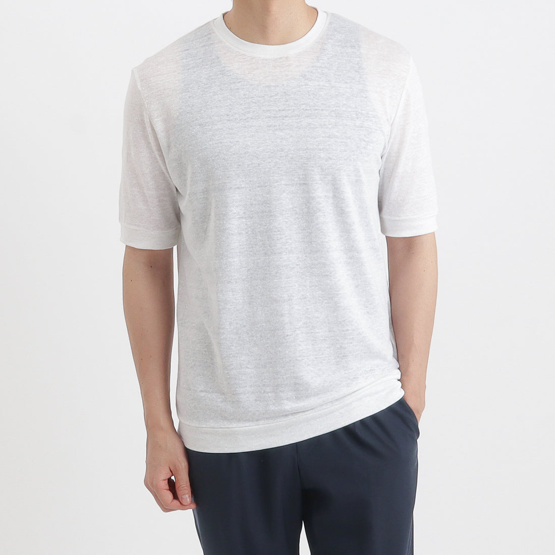 Linen Jersey Tailored Ribbed Hem T-shirt Color: Off White